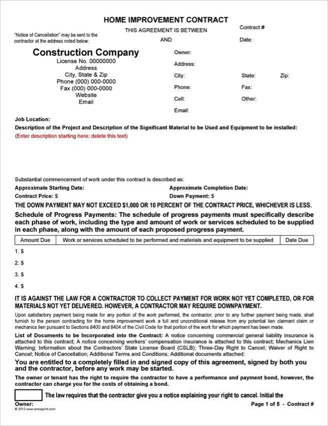 Word & PDF Home Improvement Contract Forms
