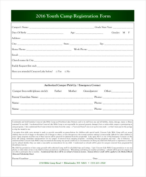 Sample Camp Registration Form 11 Free Documents in PDF
