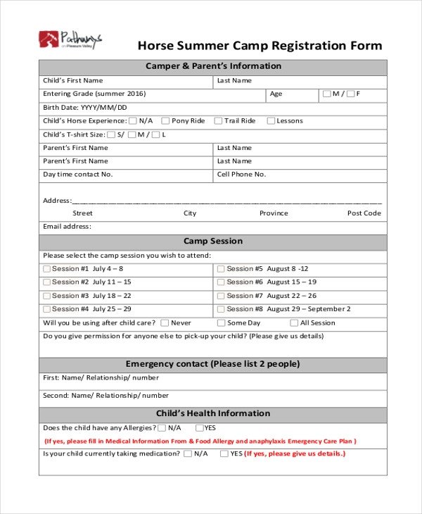 Sample Summer Camp Registration Form 10 Free Documents