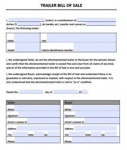Free Printable Bill of Sale for RV Form GENERIC