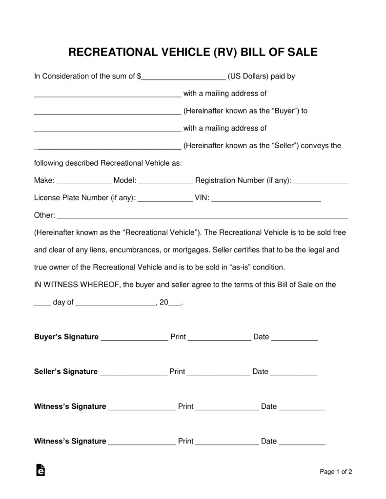 Free Recreational Vehicle RV Bill of Sale Form Word