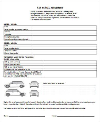 8 Car Rental Agreement Samples Free Word PDF Format