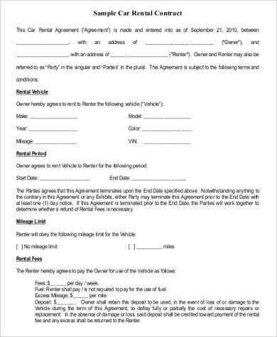 Free Sample Rental Agreement Form 9 Examples in Word PDF