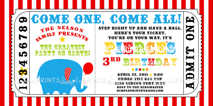 Circus Carnival Ticket Printable Invite Dimple Prints Shop