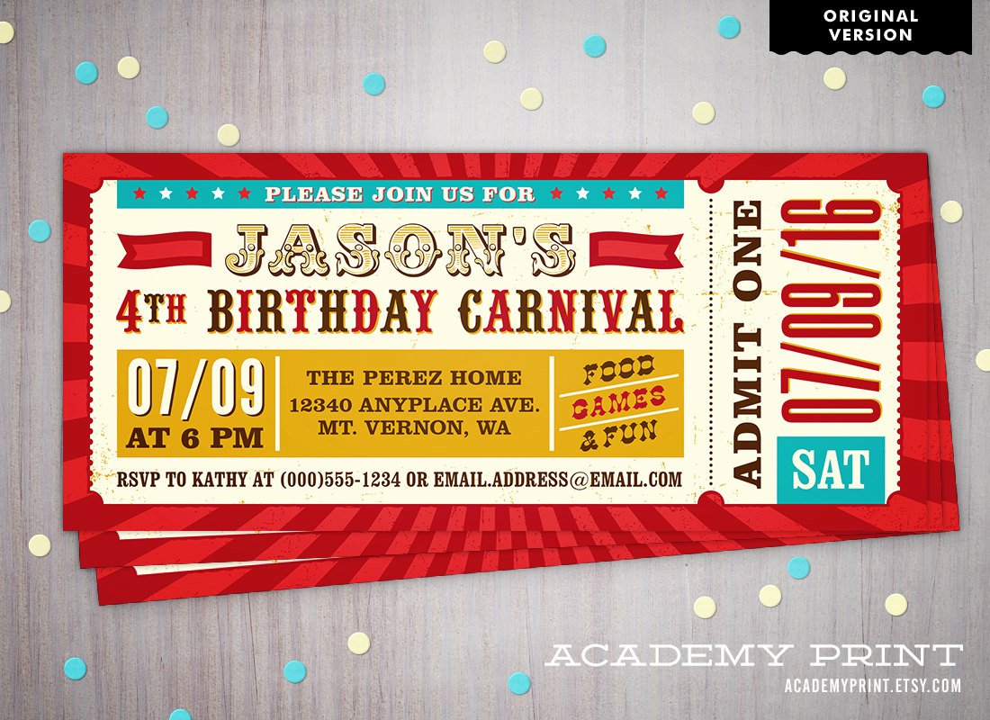 Printable Children s Birthday Carnival Ticket Invitation