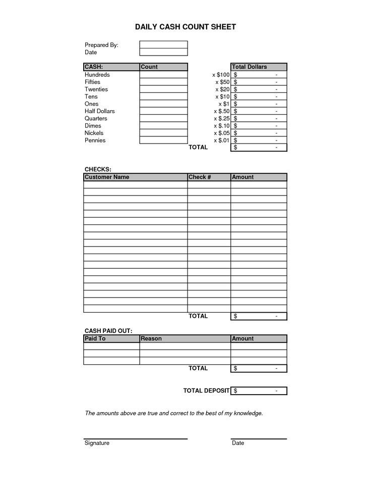 Daily Cash Count Sheet Template