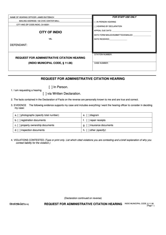 City Indio Form Ce 200 Admin Hearing Request Form