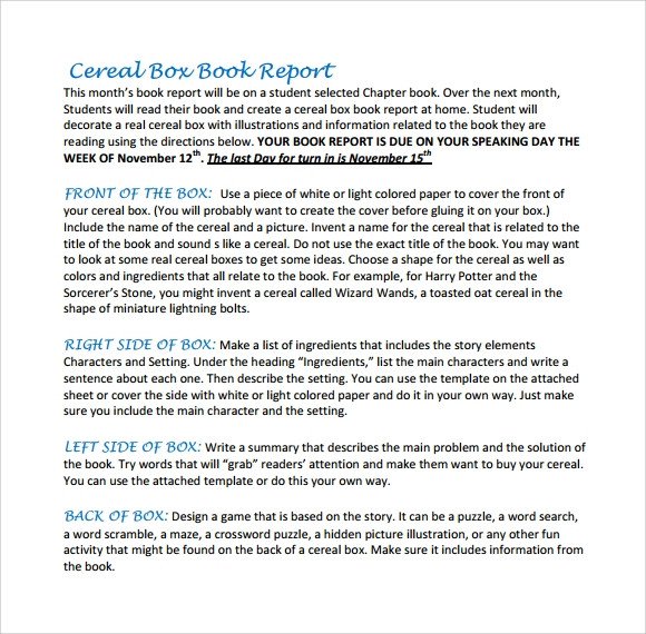 Sample Cereal Box Book Report 8 Documents In PDF WORD