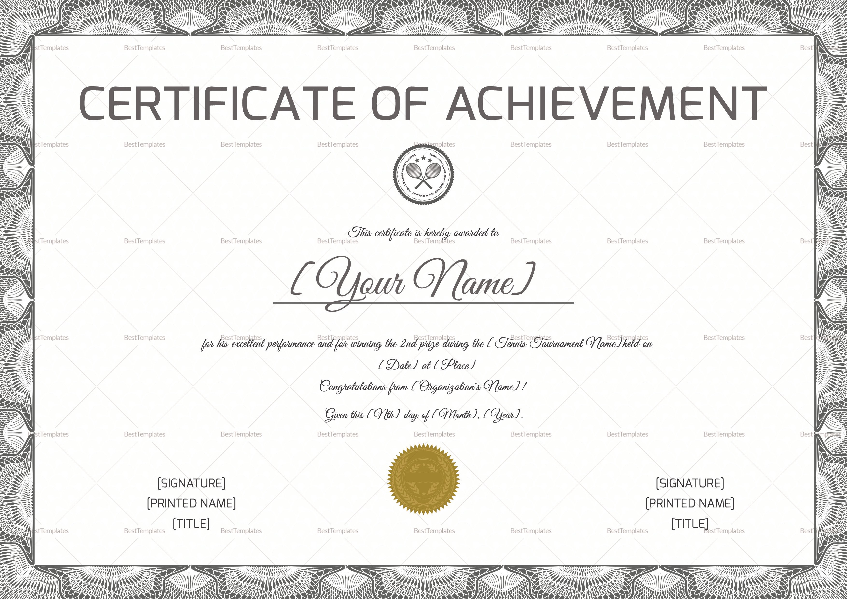 Tennis Achievement Certificate Design Template in PSD Word