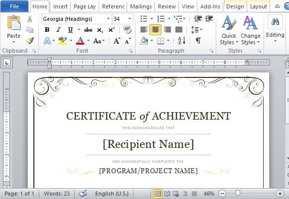 Certificate Achievement Template For Word 2013