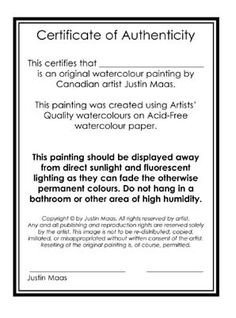 certificate of authenticity of a fine art print