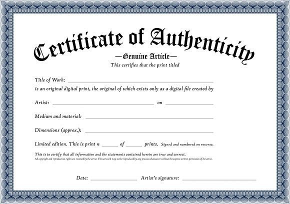 certificate of authenticity of an original digital print