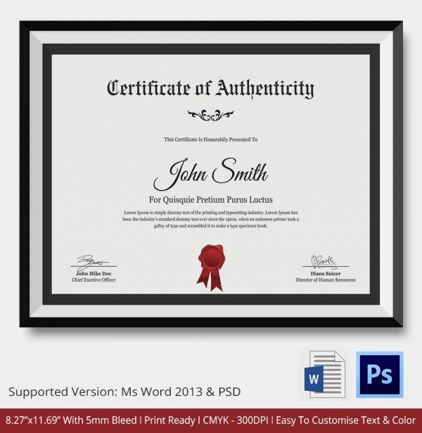 Certificate of Authenticity Template 27 Free Word PDF