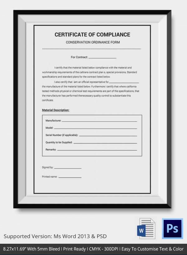 Certificate of pliance Template – 12 Word PDF PSD