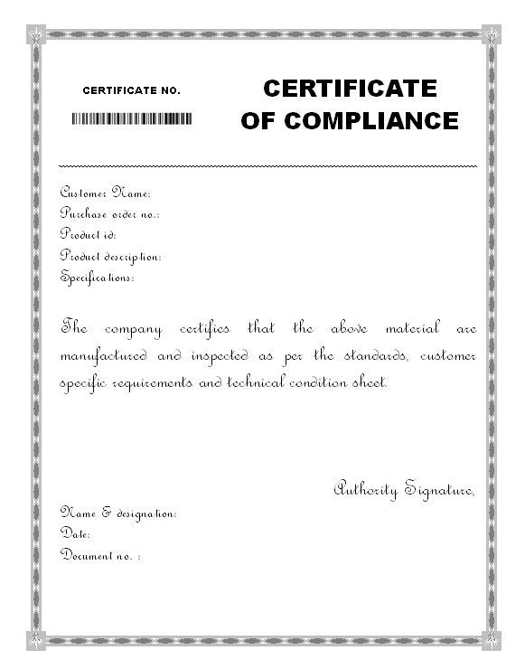 Material certificate of pliance form