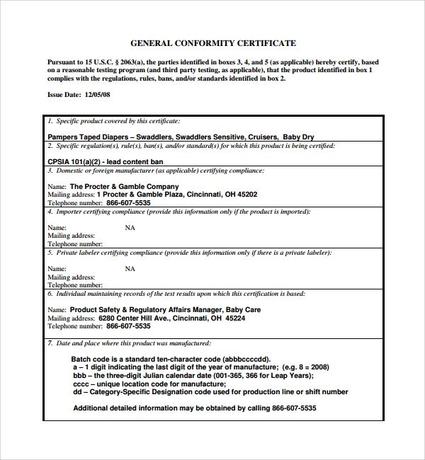 Sample Conformity Certificate Template 8 Free Documents