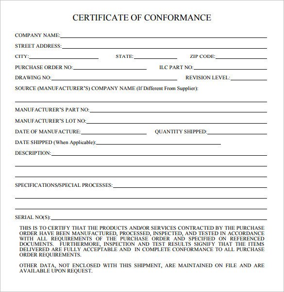 Sample Certificate of Conformance 21 Documents in PDF