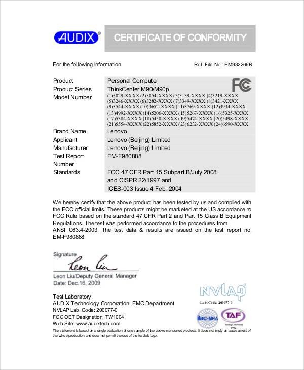 Sample Conformity Certificate Template 15 Documents in