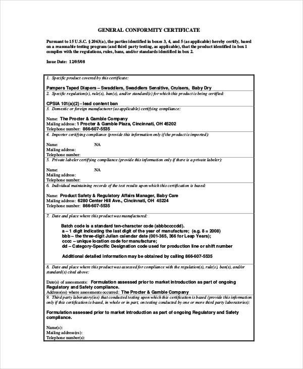 Sample Conformity Certificate Template 15 Documents in