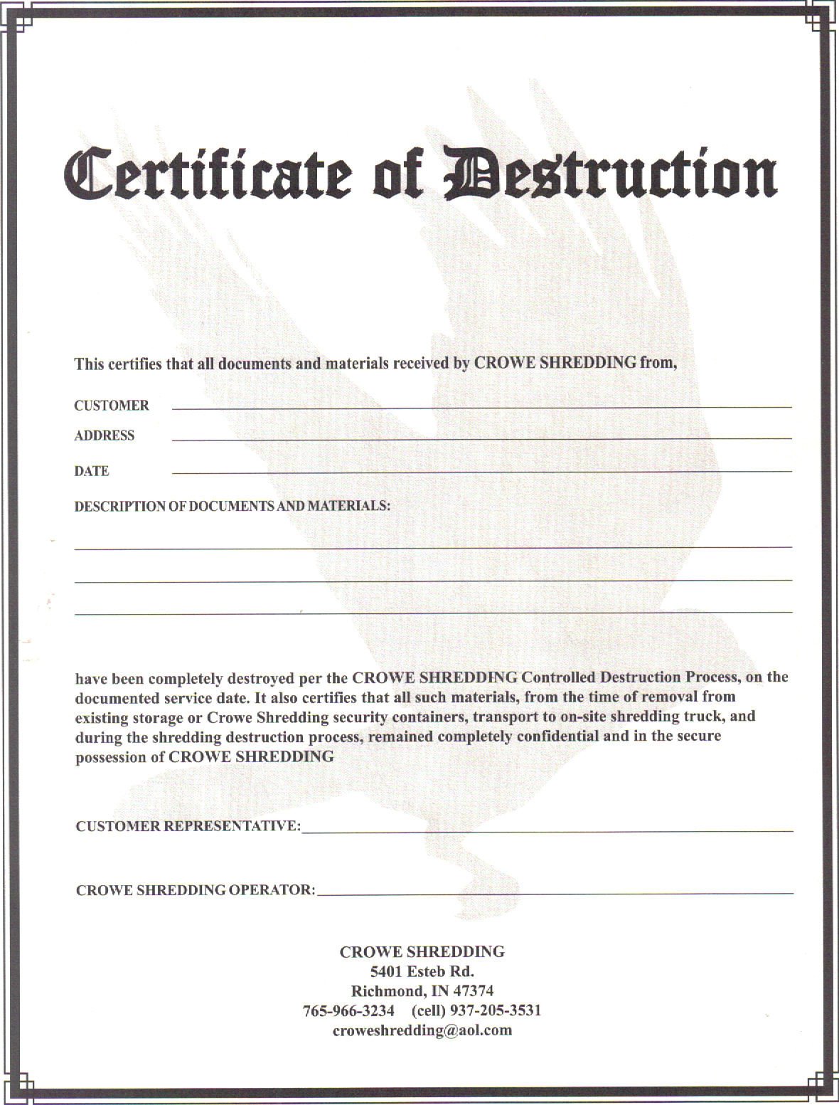 Certificate of Destruction 2011 Crowe Shredding