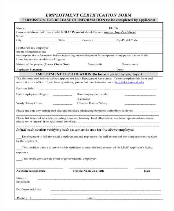 Sample Employment Certification Forms 7 Free Documents