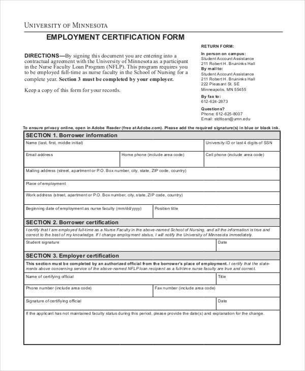 Sample Employment Certification Forms 7 Free Documents