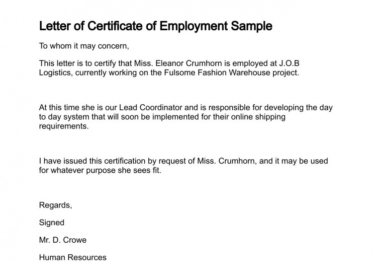 Certificate Employment Currently Employed