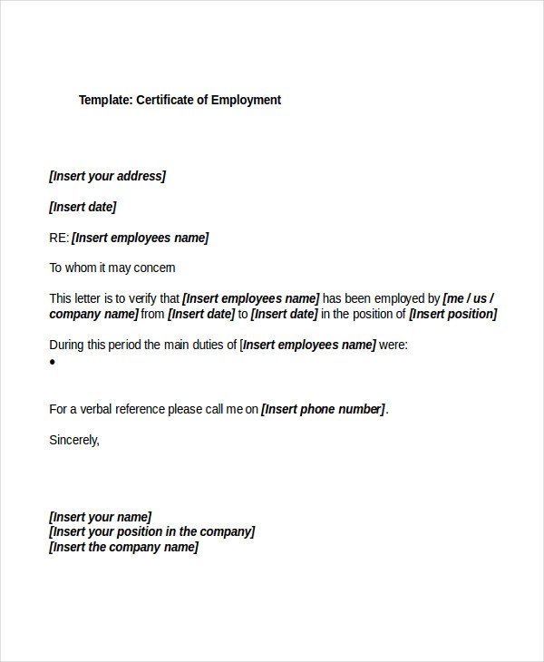 Certificate Employment