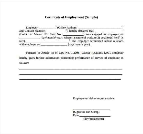 Certificate Employment Samples Word Excel Samples