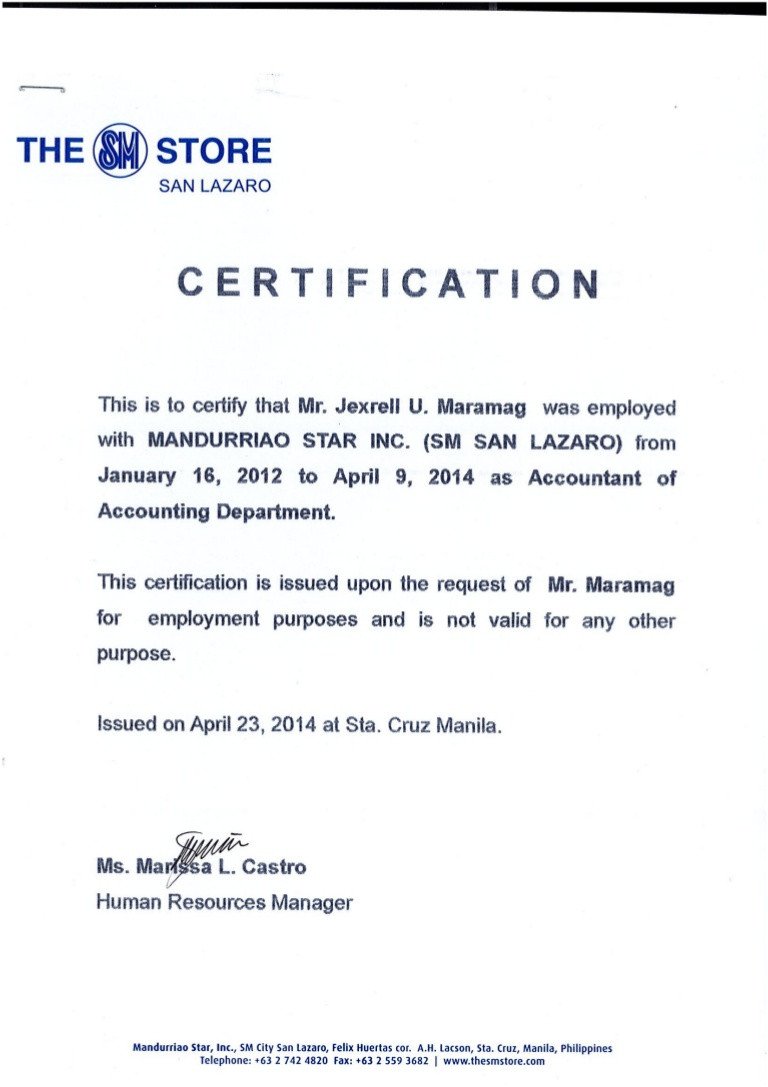 Certificate of Employment MSI SM Dep Store