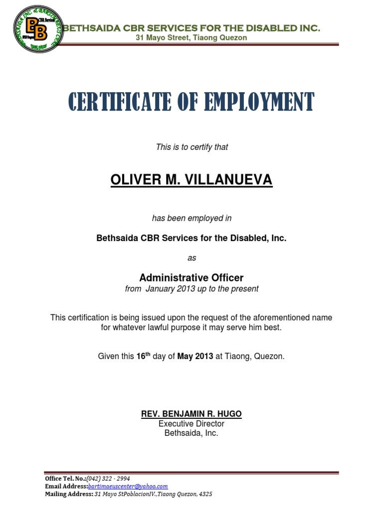 Certificate of Employment Samplecx
