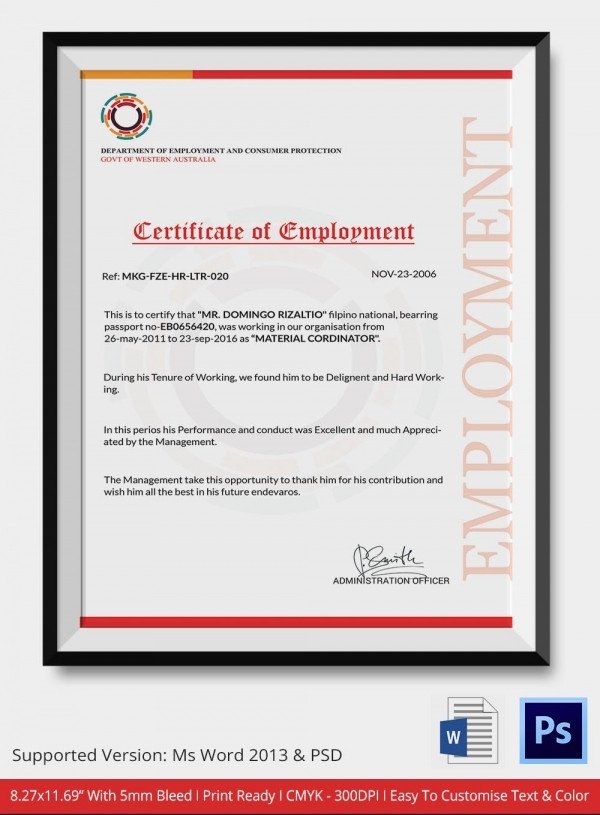 Employment Certificate 36 Free Word PDF Documents