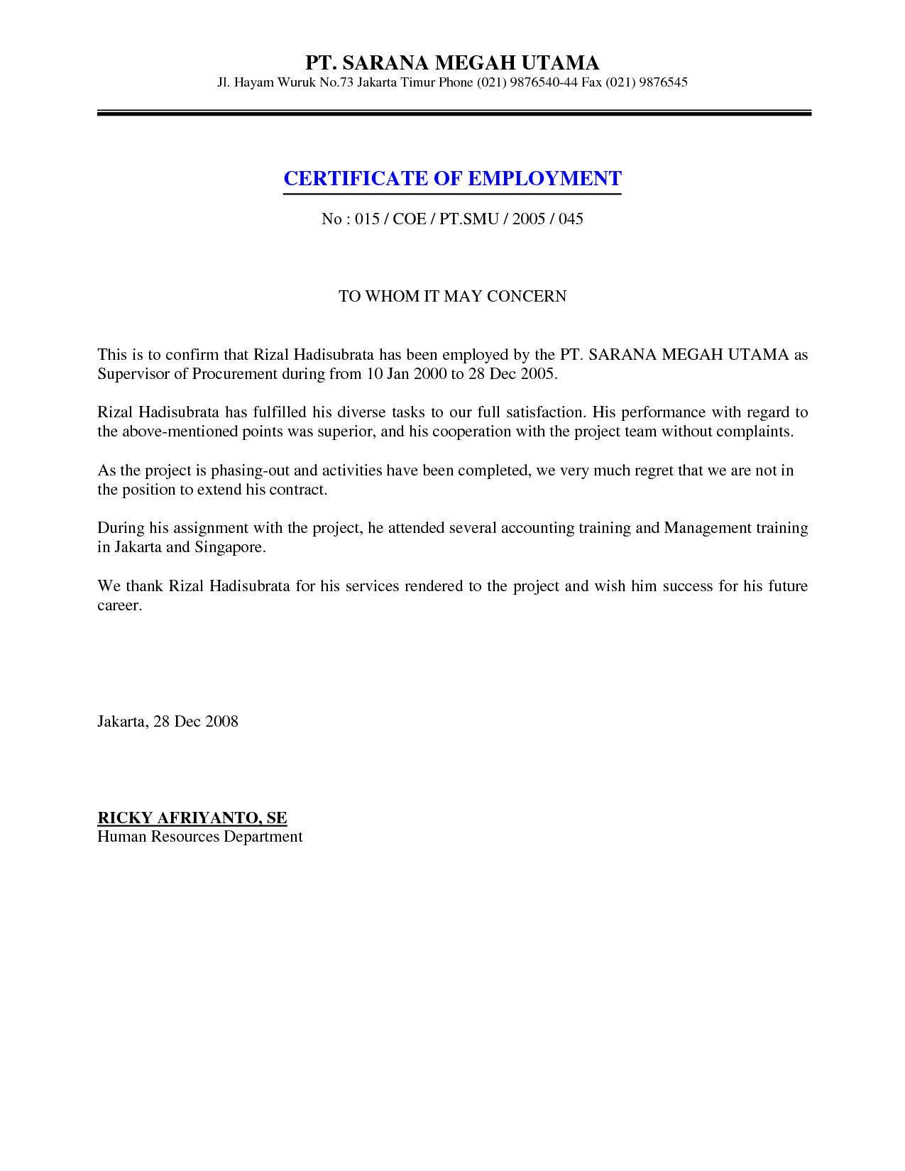 job employment certificate sample certification letter