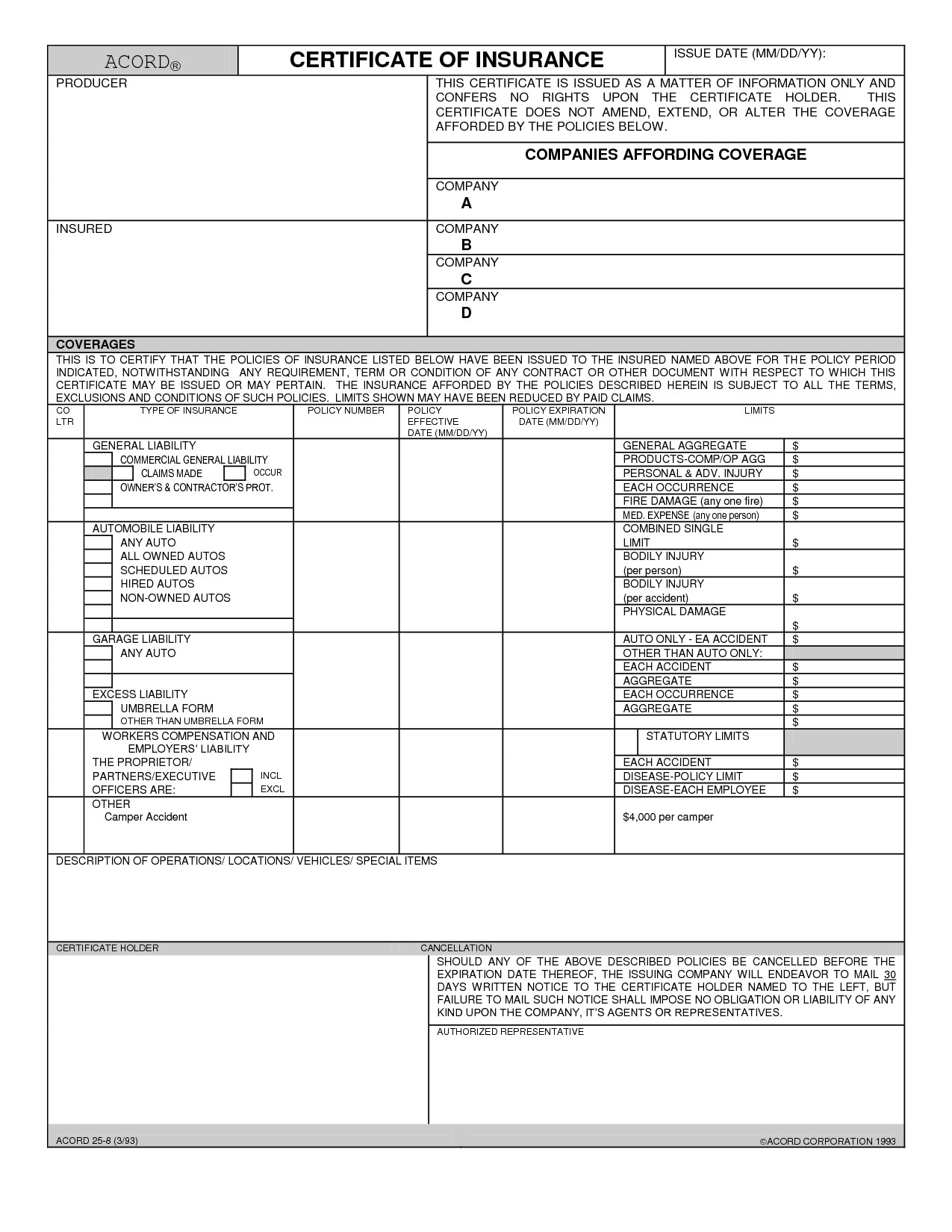 Blank Acord Certificate Insurance