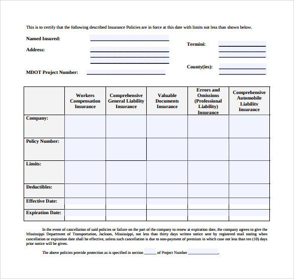Certificate Insurance Template 14 Download Free