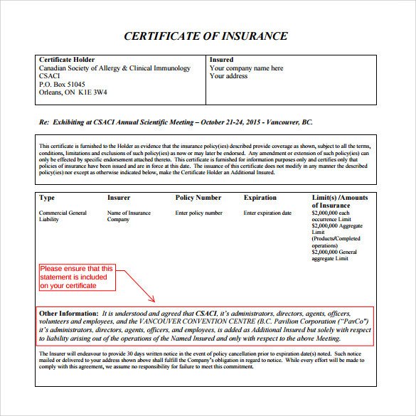 Certificate of Insurance Template 15 Download Free