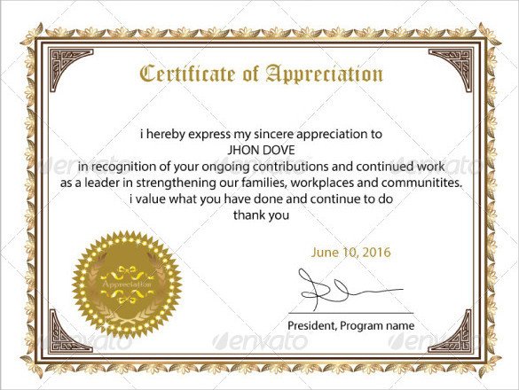 Sample Certificate of Appreciation Templates 35