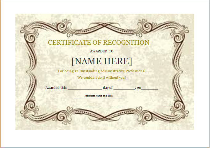Certificate of Recognition Template for WORD