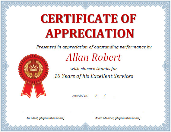 MS Word Certificate of Appreciation