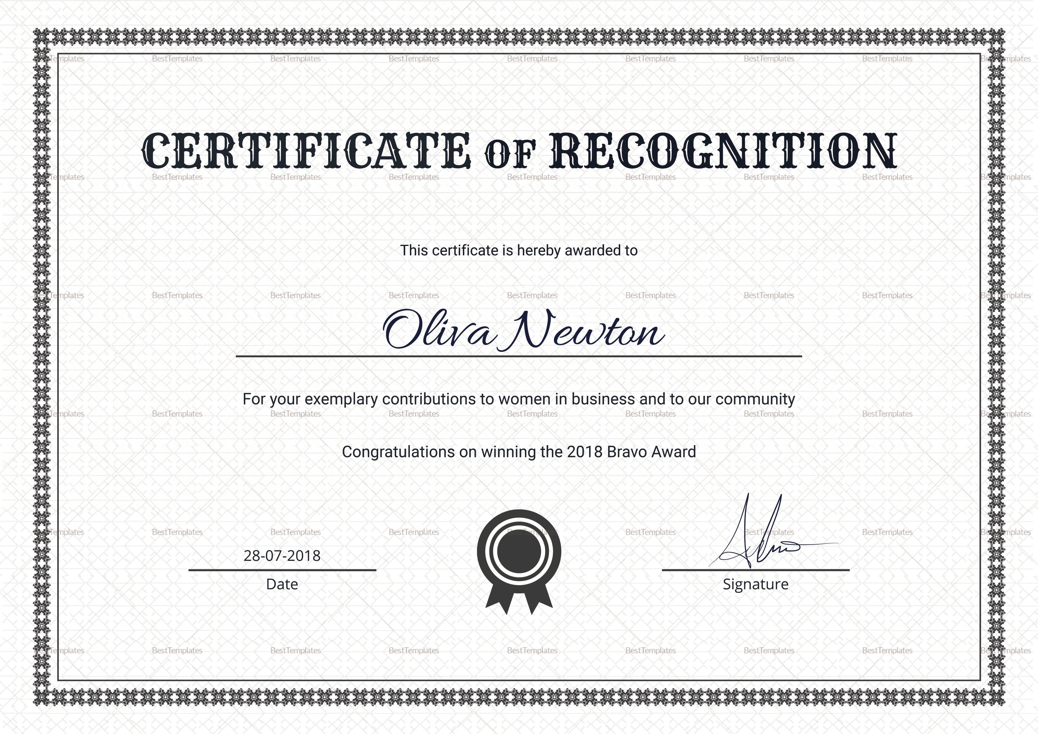 Simple Certificate of Recognition Design Template in PSD Word