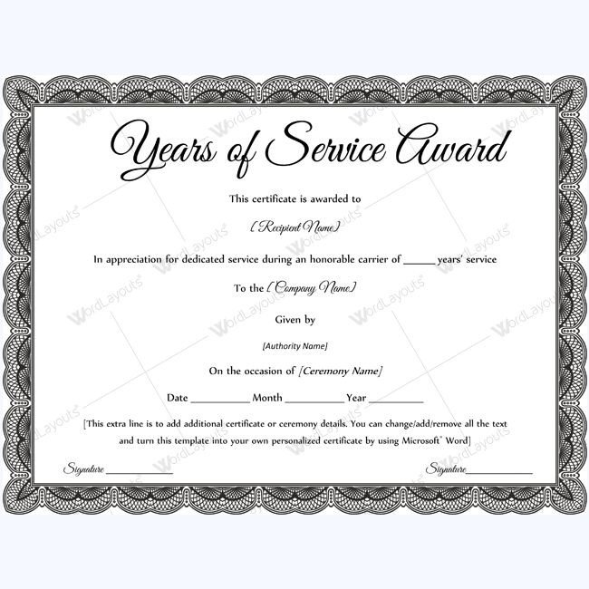Sample Years Service Award awardcertificate