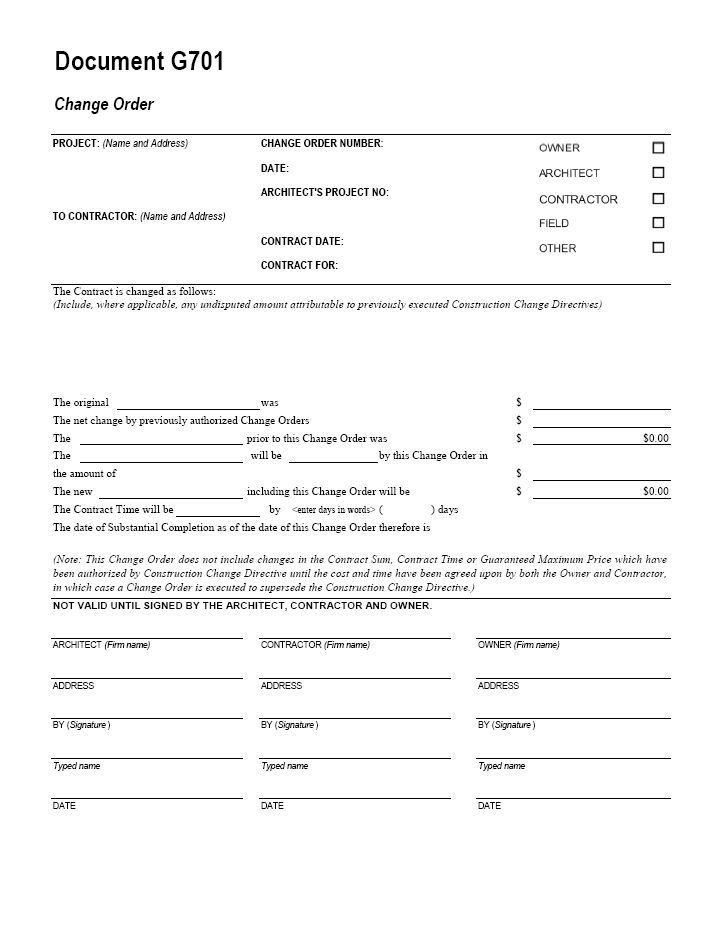 AIA G701 Change Order Form Template for Excel change