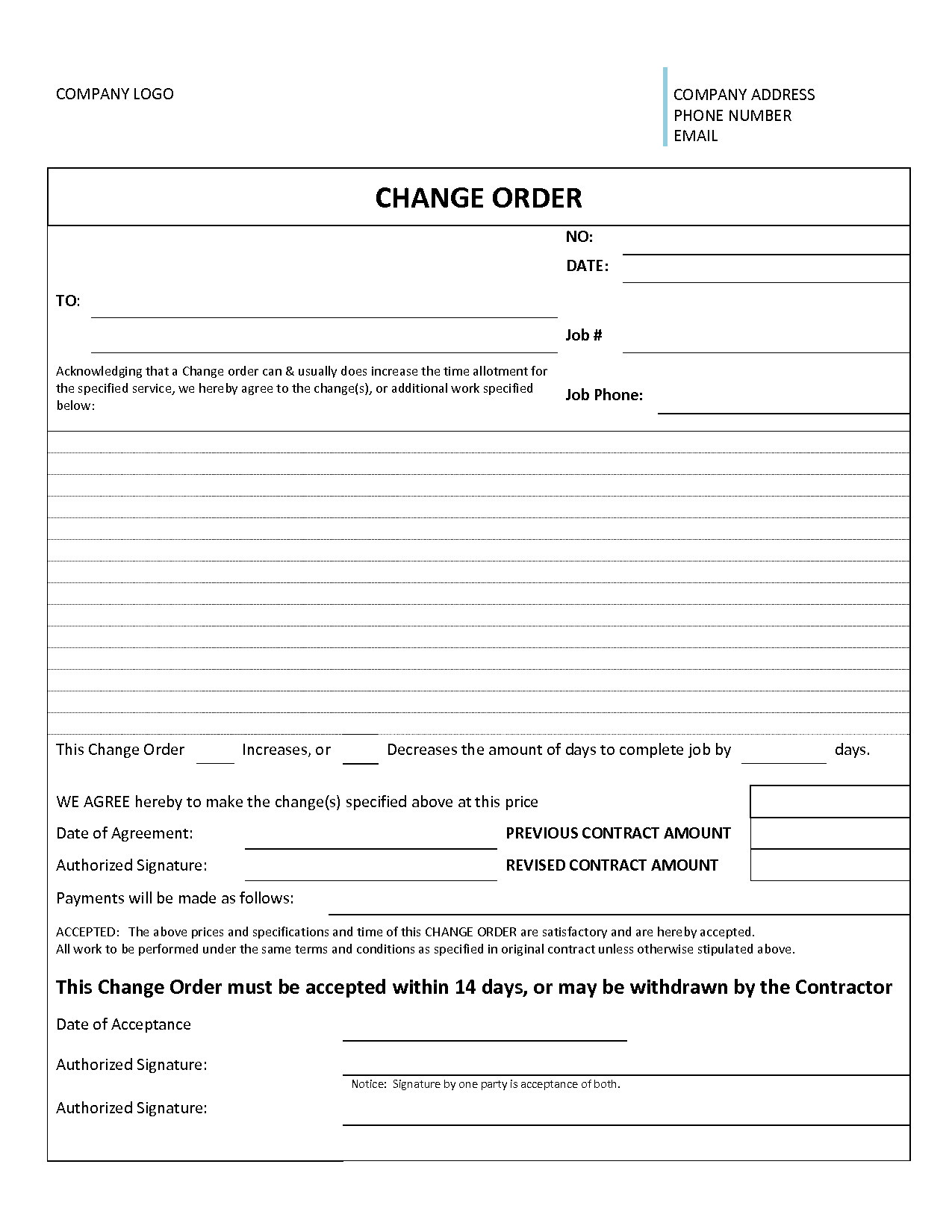Change Order Form Template