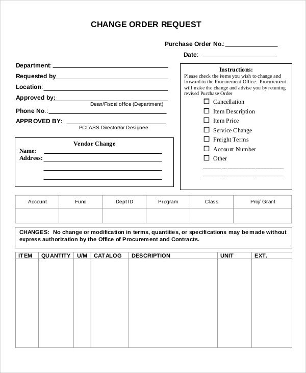 Sample Change Order Form 12 Examples in Word PDF