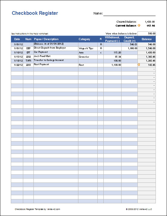 A simple and free checkbook register for Excel