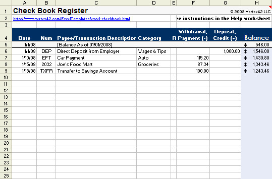 Checkbook Register Template for Excel from Vertex2 I love
