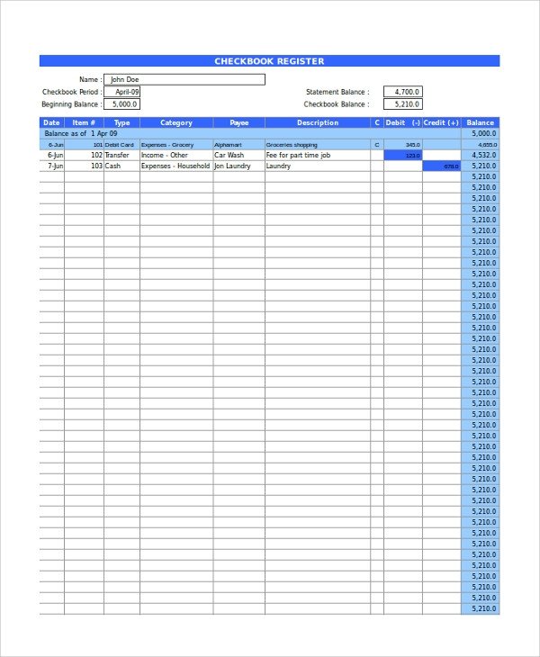 Sample Checkbook Register 9 Examples in PDF Word Excel