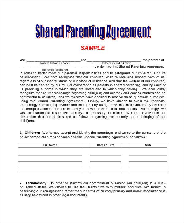 Parenting Agreement Templates 8 Free PDF Documents