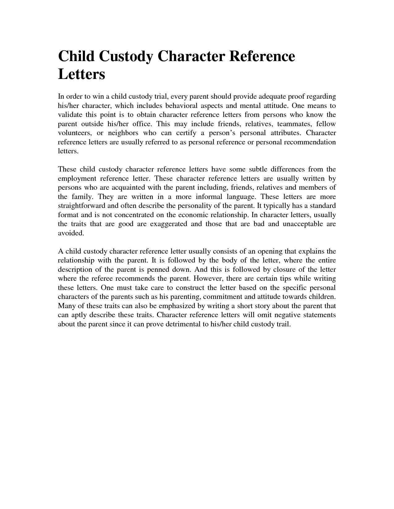 Character Reference Letter for Court Child Custody