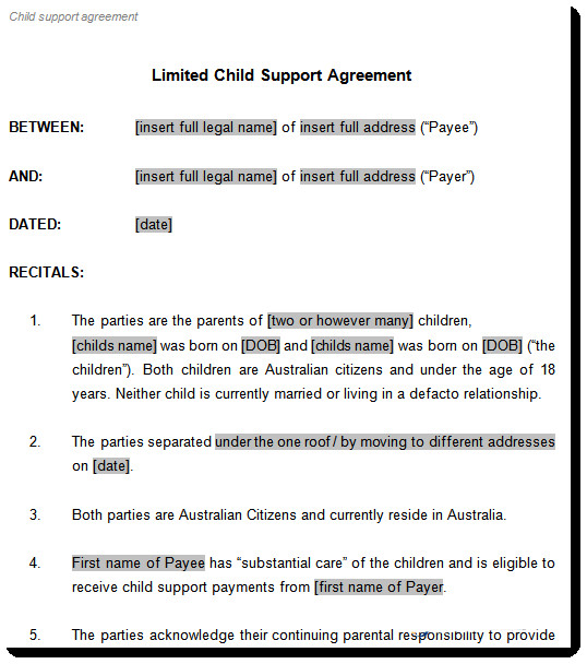 Child Support Agreement template to document arrangements